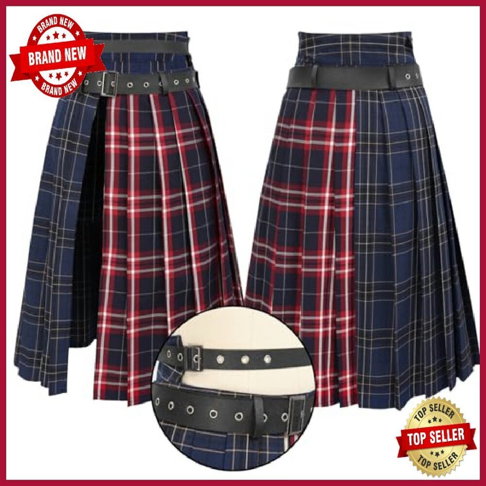 Plaid Pleated Midi Skirt with Belt, Side Slit, Polyester, US Size - Picture 4 of 8